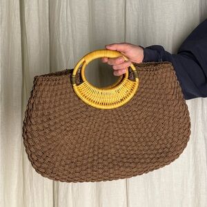 Brown Woven Handbag with Bamboo Handle